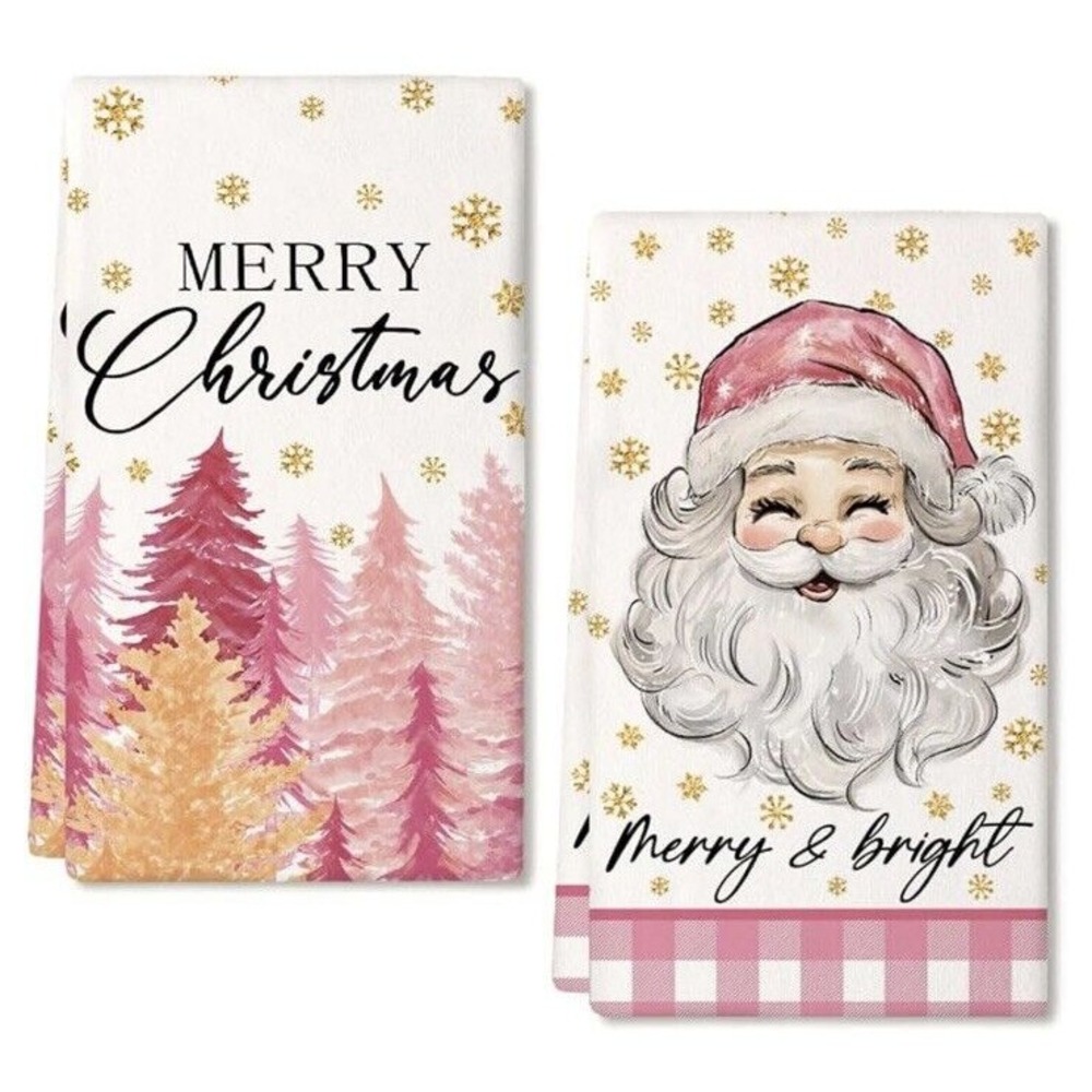 Pink Santa‎ Claus Merry Christmas Kitchen Dish Towel Set of 2 Microfiber New